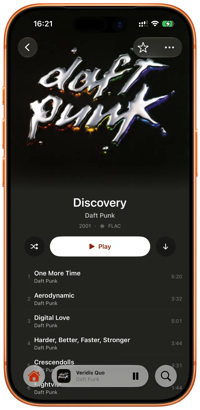 Album view with lossless FLAC playback
